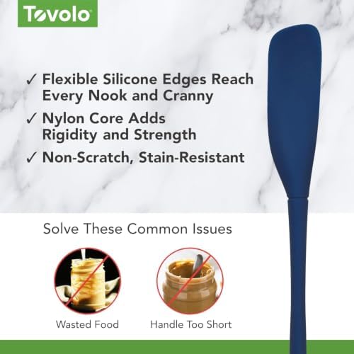 Tovolo Silicone Jar Spatula Long Handled Rubber Scraping Scooping Tool for Peanut Butter Jam Jelly Jars Blenders, Extra Long Flex Core Silicone Jar Scraper Dishwasher Safe BPA Free, Deep Indigo