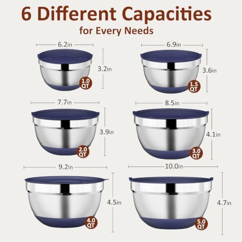 9 Pack Mixing Bowls with Airtight Lids & Grater Attachments, Navy