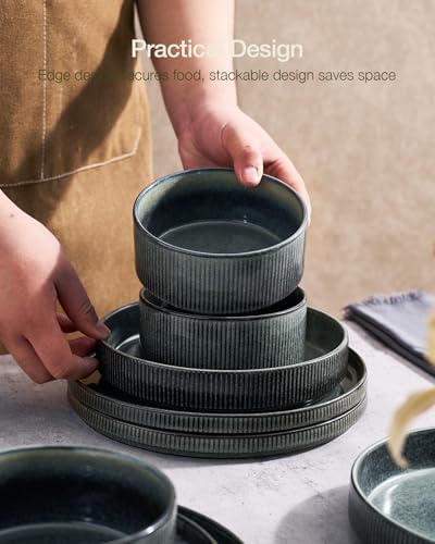 Famiware Star Stoneware Dinnerware Sets for 8, Reactive Glaze Plates, Bowls