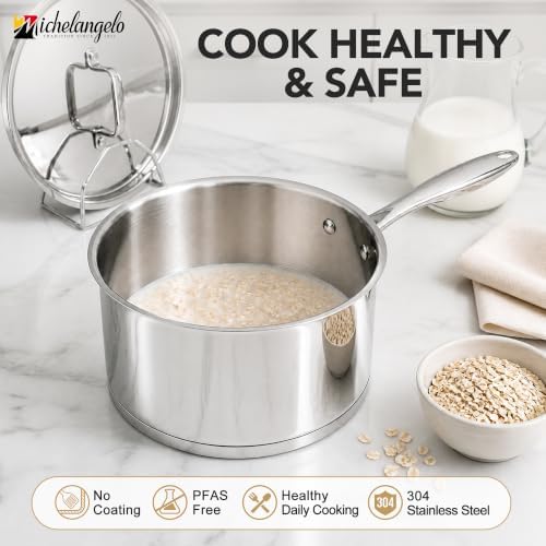 MICHELANGELO 4 Quart Stainless Steel Saucepan with Lid, Tri-Ply Base
