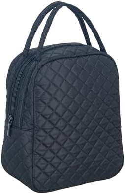 Machine Washable Women Quilted Fabric Insulated Reusable Cooler Lunch Bag Tote Adult Thermal Lunch Box Storage Bag for Ｗork (Black)