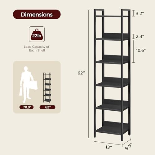 MAHANCRIS Bookshelf, 6-Tier Bookcase, Standing Book Shelf for Small Space, Storage Shelf Organizer, for Living Room, Bedroom, Study, Balcony, Black BKHB6601