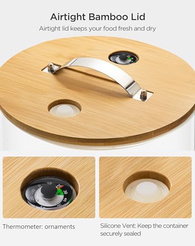 HBlife Glass Rice Dispenser with Wooden Stand Flour and Cereal Container with Glass Measuring Cup Pantry Food Organization Storage Bin with Airtight Bamboo Lid, 3L+5L