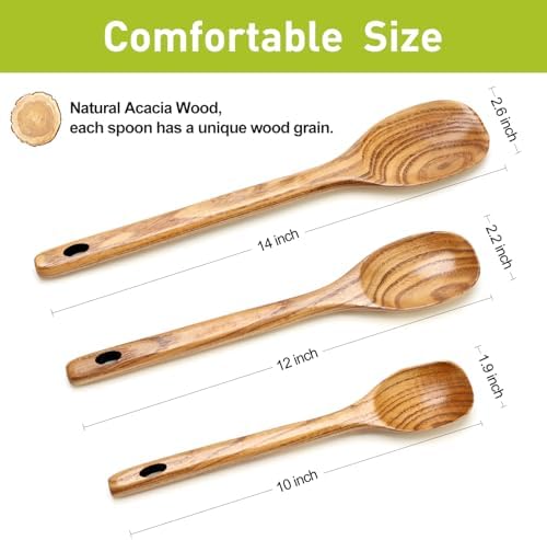 3 Pcs Non Toxic Wood Serving Spoons Set for Cooking Mixing Kitchen Utensils