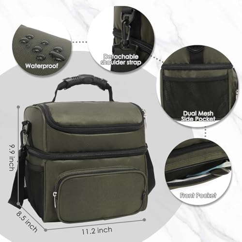 FlowFly Double Layer Cooler Insulated Lunch Bag Adult Lunch Box Large Tote Bag for Men, Women, With Adjustable Strap,Front Pocket and Dual Large Mesh Side Pockets