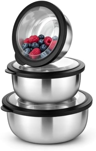 P&P CHEF Mixing Bowls with Lids Set of 3, Black Stainless Steel Salad Bowl
