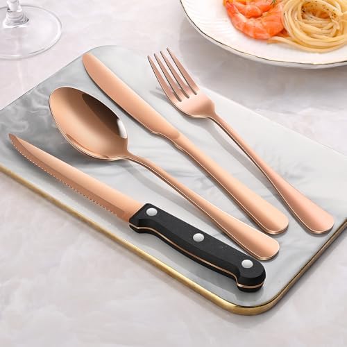 24 PCs Rose Gold Flatware Sets Service For 4, Copper Kitchen Utensils Set