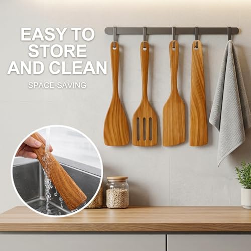 Non Toxic Wooden Cooking Utensils Set Flat Wood Spatula Spurtle Scraper