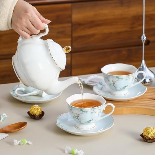6oz Porcelain Tea Cup & Saucer Set of 6, Floral & Gold