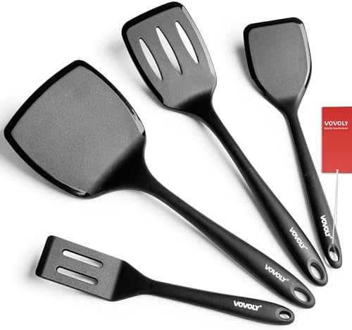 Silicone Spatula Set, 600°F Heat Resistant Silicone Spatula Turner Flipper for Cooking, Non Stick and Non Scratch Kitchen Utensils for Eggs & Pancakes, 4 Pack, Black