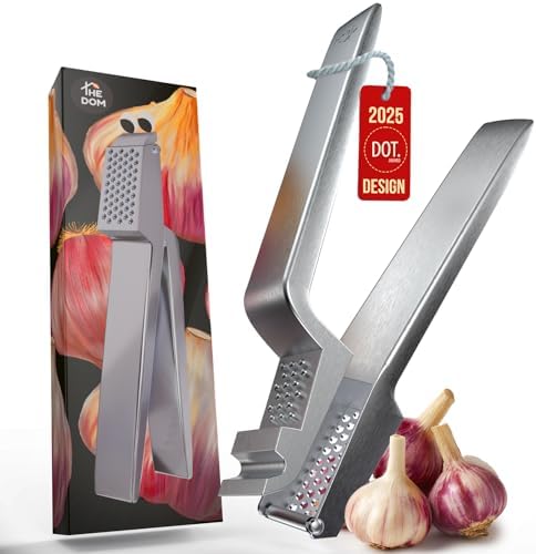 No Peeling Required, 100% Stainless Steel Garlic Press – Odor-free Cleaning, Rust Proof, Detachable Handle, Fine Mincer, 5 years Guarantee, Dishwasher safe garlic crusher tool, Moledor de ajo
