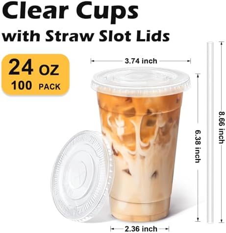 BYSNOW 24 oz 100 Pack Clear Plastic Iced Coffee Cups with Lids Disposable