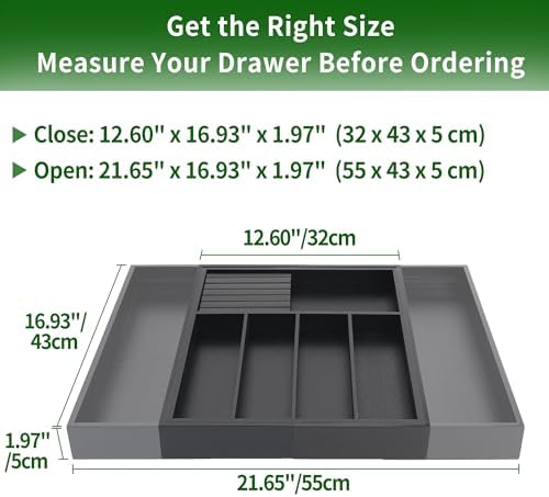 VaeFae Bamboo Silverware Drawer Organizer, 7 Slots, Black