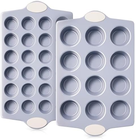 BRONYPRO 2-Pack 12 Cup and Mini 24 Cup Non Toxic Nonstick Ceramic Muffin Pan & Cupcake Tin, PFOA & PTFE Free, Heavy Duty Rust-Resistant Aluminized Steel, Oven & Dishwasher Safe, Cream White