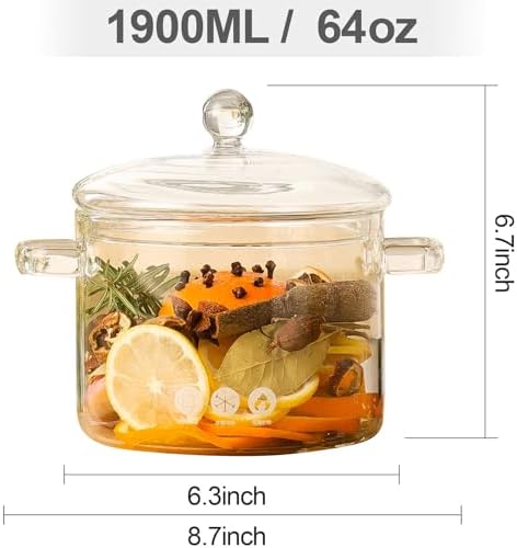 Glass Cooking Pot -1.9L/64oz,Glass Simmer Pot for Stovetop Heat Resistant Borosilicate,Clear Saucepan for for Pasta, Noodles, Soup, Cereals, Fruit