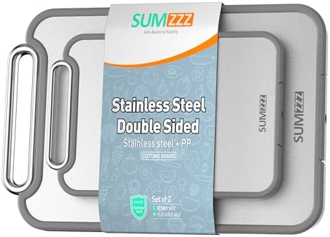 Sumzzz Stainless Steel Cutting Board for Kitchen, 2-in-1 Double-Sided Chopping Board, 304 Stainless Steel/Food Grade PP (Silver, Set of 2(S+M))