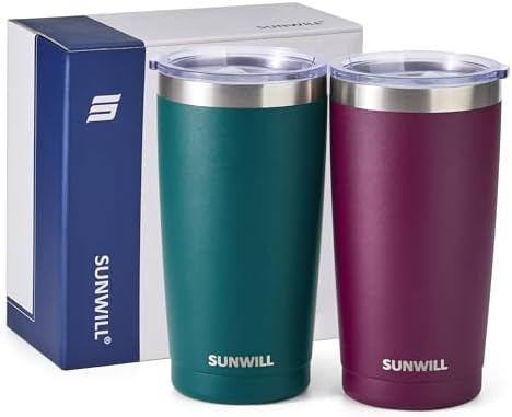 SUNWILL Travel Coffee Mug with Lid, 20 oz Tumbler Set of 2, Insulated Stainless Steel Cup for Drinks， Water, Tea, Powder Coated Forest Green & Plum