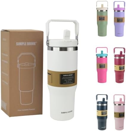 30oz Flip Straw Insulated Water Bottle with Handle, Leak Proof Stainless Steel Travel Coffee Mug, Double Wall Vacuum Tumbler for Cold Drinks, Gym Office Travel Essentials