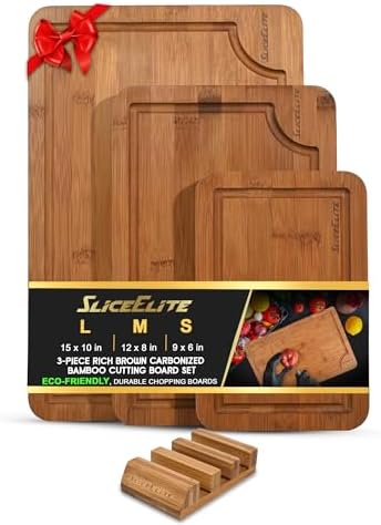 SliceElite Rich Brown Carbonized Bamboo Cutting Board Set 3 Piece Kitchen Boards with Deep Juice Groove Non Slip Silicone Feet Space Saving Rack Stand for Chopping Serving Meal Prep and Charcuterie