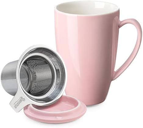 Sweese 15 OZ Porcelain Tea Mug with Infuser and Lid, Loose Leaf Tea Cup, Gifts for Tea Lover, Pink
