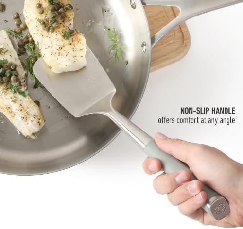 Calphalon Edge Solid Turner, Cooking Spatula, Kitchen, Stainless Steel with Silicone Heat Resistance Handle, Nonstick-Safe Spatula with Ergonomic Handle (Taupe), Turner (Pack of 4)