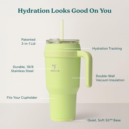 REDUCE 40 oz Stainless Steel Tumbler with Handle - Dual-Wall Vacuum Insulated Travel Mug, Sweat-Proof Lid & Reusable Straw - Keeps Drinks Cold for 24 Hrs, Fits Cupholders, Dishwasher Safe - Mojito
