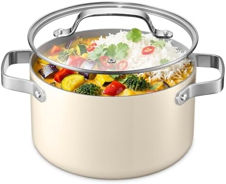Bakken 5 Quart Ceramic Coated Stock Pot with Lid, Easy to Clean Nonstick Pot, Tempered Glass Lid, Riveted Stainless Steel Handles, Oven Safe Up To 500°F, PTFE & PFAS Free, All Stove Compatible, Cream