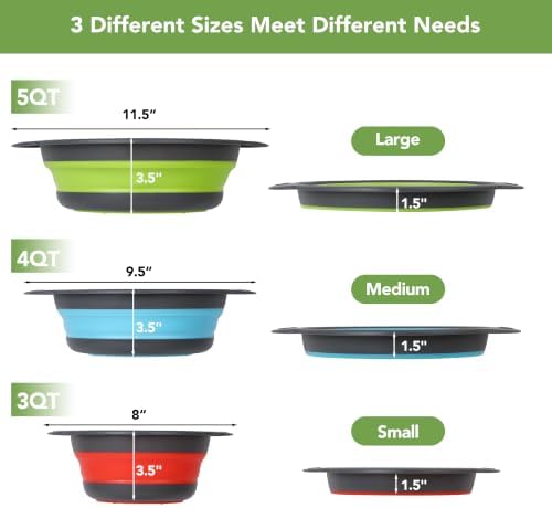 3-Pack Collapsible Colander for Kitchen with Self-Draining Base Foldable Strainers Set Round Food Drainer for Pasta Fruits and Vegetables (3QT, 4QT and 5QT)