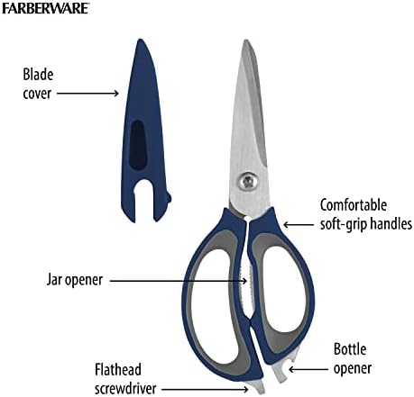 Farberware 4-in-1 Kitchen Scissors with Sheath, Navy and Grey
