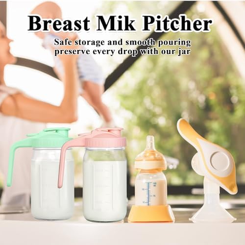 Mason Jar Pitcher, 32 oz Glass Milk Pitcher, Wide Mouth & Leakproof Glass Pitcher with Lid for milk, Sun Tea, Juice, Cold Brew Coffee and Drinks
