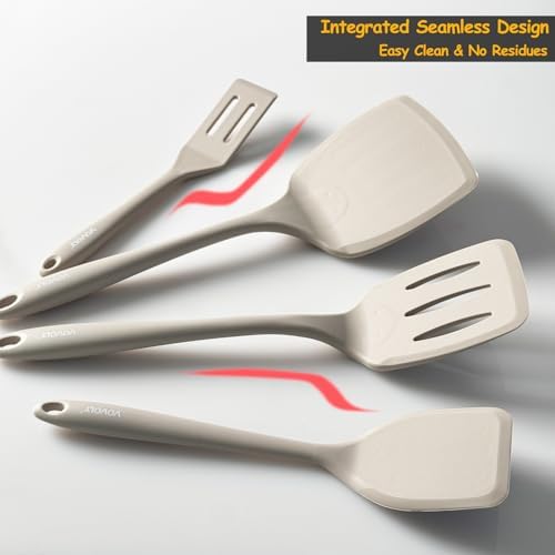 Silicone Spatula Set, 600°F Heat Resistant Silicone Spatula Turner Flipper for Cooking, Non Stick and Non Scratch Kitchen Utensils for Eggs & Pancakes, 4 Pack,Khaki