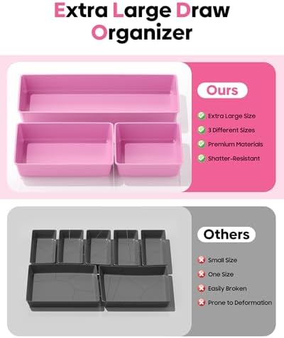 10 Pack Large Size Plastic Drawer Organizers Set, 3 Sizes Desk Drawer Organizer Trays, Storage Bins for Vanity, Makeup, Bathroom, Kitchen Utensils and Office (Pink)