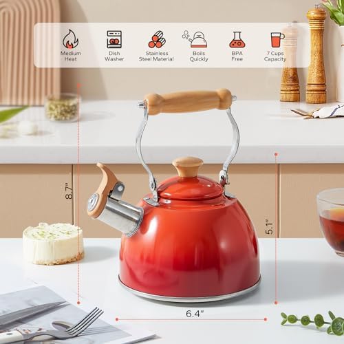 ROCKURWOK Tea Kettle 1.6 Qt Tea Kettles Stovetop Whistling Fast Boil, Red