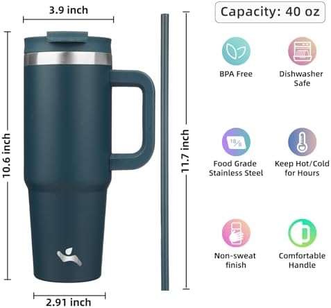 Konokyo 40 oz Insulated Tumbler Water Bottle with Handle, Straw Lid