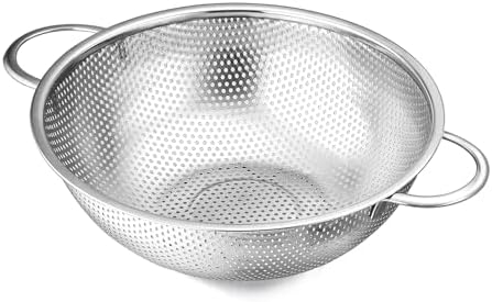 E-far Stainless Steel Colander, 3-Quart Micro-Perforated Metal Colander Strainer with Handle for Kitchen/Draining Pasta/Rinsing Vegetables Fruits, Heavy Duty & Dishwasher Safe - 8.8 Inches