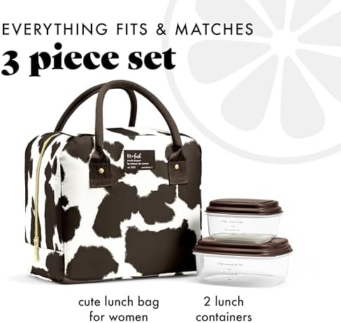 Fit & Fresh Bloomington Lunch Bag for Women - Insulated Large Lunch Box for Work with Containers, Leak-Resistant, Stain-Resistant, Zipper Closure Cowhide Brown on Brown
