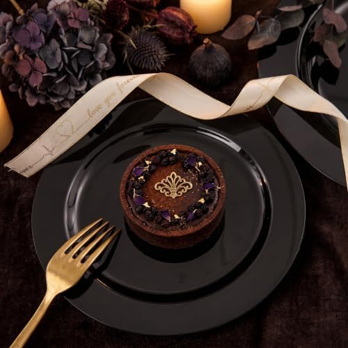 FLOWERCAT 100PCS Black Plastic Plates - Heavy Duty Black Disposable Plates for Birthday Party/Wedding/Halloween- serve 50guests 10 inch and 7 inch Set