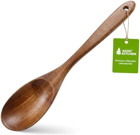 AIUHI Wooden Cooking Spoon, Kitchen Essential Wooden Spoon for Cooking, Extended Handle Teak Wood Serving Spoon for Mixing, Baking, Serving and Stirring