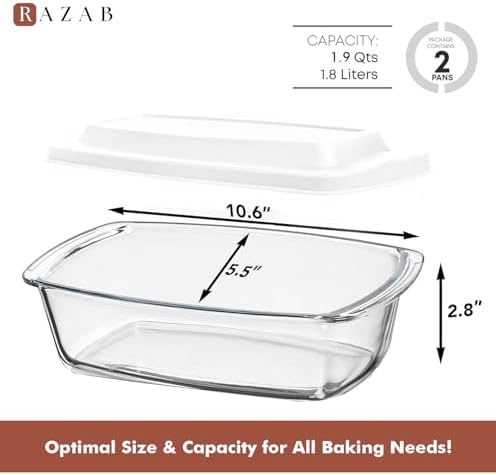 Razab 2 Pack 1800ml Large Glass Meatloaf Pans & Banana Bread Pans with Lids