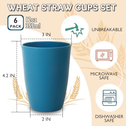Wrova Wheat Straw Cups 6 PCS Good Alternative to Plastic Reusable Cups 12 oz Unbreakable Drinking Cup Reusable Dishwasher Safe Water Plastic Glasses Navy Blue