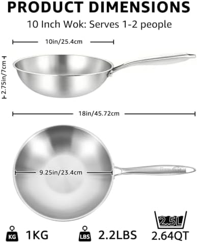 10'' Small Tri-Ply Stainless Steel Wok, Uncoated Wok for Stir Fry