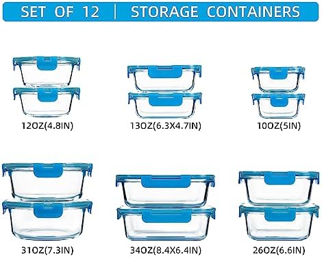FAWLES 12 Pack Glass Meal Prep Containers with Airtight Lids, Leak-Proof Food Storage Containers, Dishwasher/Microwave/Oven/Freezer Safe Glass Containers for Lunch, Leftovers, to Go (Blue)