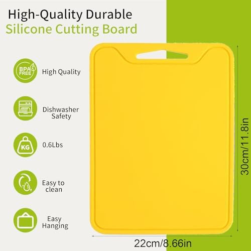 Flexible Plastic Cutting Boards for Kitchen, 11.8''x 8.6'' Silicone Cutting Board, BPA Free Non Slip Kitchen Cutting Mat for Meat, Vegetables and Fruit with Easy Grip Handle, Dishwasher Safe (Yellow)