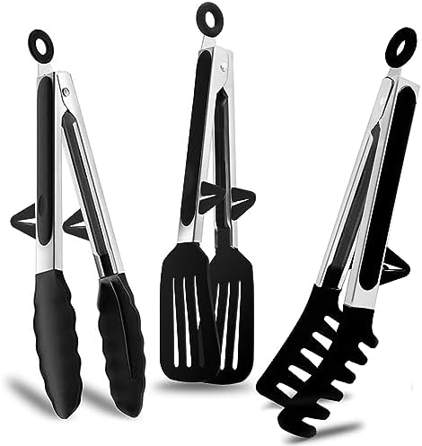 9" Kitchen Tongs for cooking with Silicone Tips, 3Pcs Serving Tongs, Black