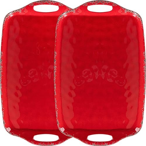 Christmas Large Melamine Serving Tray with Handle, Crackled Rustic Rectangle Melamine Serving Platter for Serving Food, Coffee Table Tray, Entertaining & Party Use, Set of 2, Christmas Red