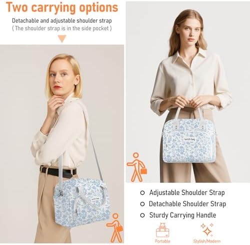Lunch Bag Large Insulated Lunch Box for Women Men Adult Cute Blue Floral Lunchbox Corduroy Lunch Bags Boxes Pail with Shoulder Strap for Work Mom Picnic Office Travel 11.4×6.8×9.1 inches 11.5L