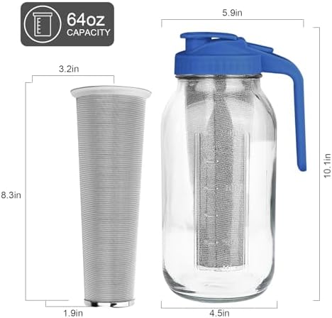 Cold Brew Coffee Maker, 64 oz Mason Jar Pitcher with Stainless Steel Filter, Pour Spout Handle Lid, Heavy Duty Glass Airtight & Leak-Proof for Iced Coffee,Tea & Lemonade