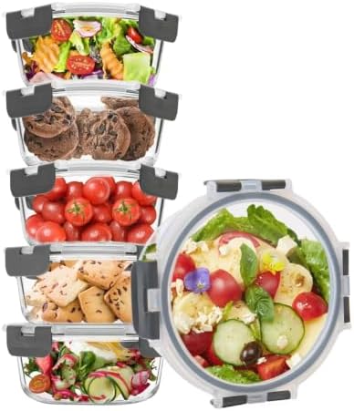 6 Pack, 21oz Round Glass Food Storage Containers with Airtight Lids, Grey