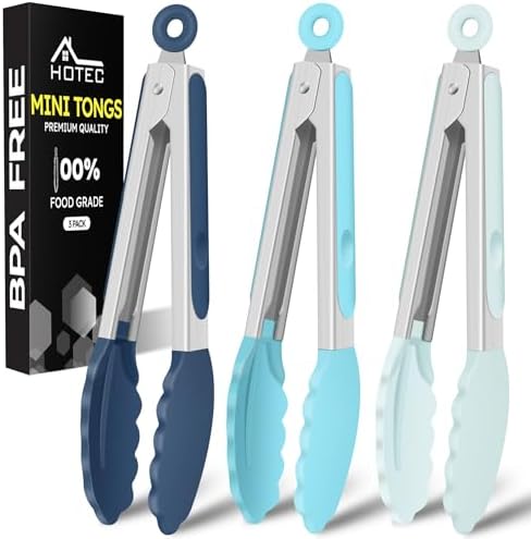 HOTEC Small Silicone Kitchen Tongs 7-Inch Mini Serving Tongs, Set of 3