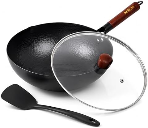 12.6 Inch Carbon Steel Wok Pan with Glass Cover, Pre-Seasoned Flat Bottom Wok for Chinese Cooking, Woks & Stir-Fry Pans Cookware, Compatible with Induction, Electric, Gas & Halogen